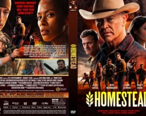 Movie poster for Homestead featuring a rugged cowboy and a burning desert landscape with gun-wielding survivors in the foreground.