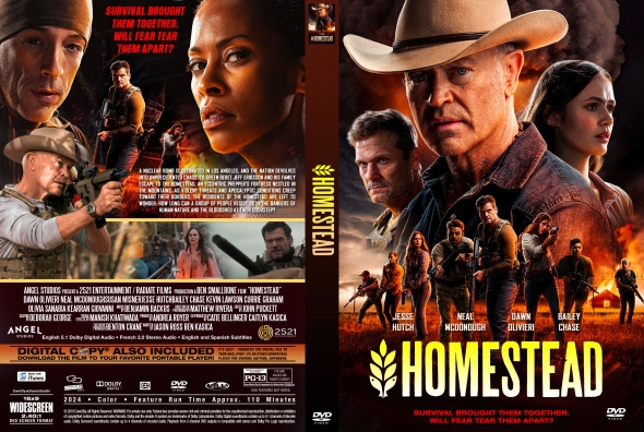 Movie poster for Homestead featuring a rugged cowboy and a burning desert landscape with gun-wielding survivors in the foreground.