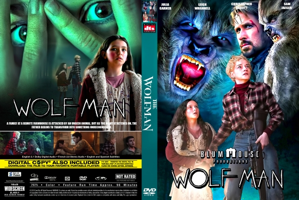 Back cover: green-tinted monstrous face looming over a girl, with the Wolf Man title and film details along the bottom edge.