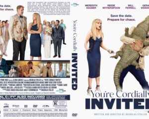 DVD cover for You're Cordially Invited: a blonde woman in a blue dress stands beside a man wrestling a large alligator, wedding chaos theme.