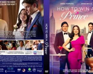 DVD cover for How to Win a Prince: a woman in a magenta dress stands with two men in tuxedos against a city skyline backdrop, tagline above.
