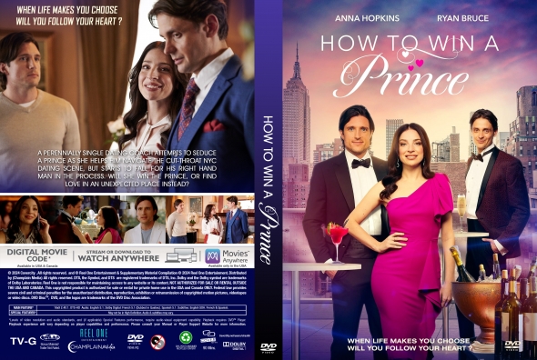 DVD cover for How to Win a Prince: a woman in a magenta dress stands with two men in tuxedos against a city skyline backdrop, tagline above.