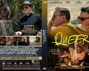 Front cover of the DVD Queer, showing two men in sunglasses on a beach with a bold yellow title. Cast names listed above.