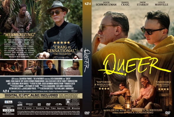 Front cover of the DVD Queer, showing two men in sunglasses on a beach with a bold yellow title. Cast names listed above.