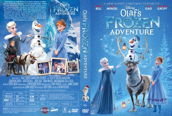 Front cover shows Elsa and Anna with Olaf and Sven in a snowy blue winter scene for Olaf's Frozen Adventure, a Disney DVD.