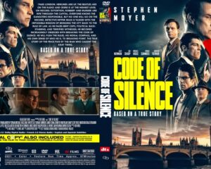 DVD cover for Code of Silence: front shows Stephen Moyer with a bold yellow title over a city skyline; back features a character collage and synopsis.