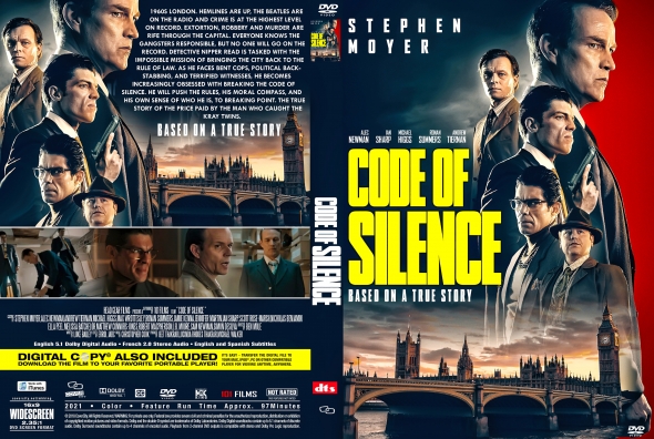 Double‑sided Code of Silence DVD case: front shows a montage of male leads with a London skyline and bold yellow title; back lists synopsis and stills from the film.
