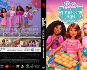 Front cover of Barbie Teresa: Recipe for Friendship DVD with three Barbie friends in a colorful kitchen and baking props in bright pinks and teals.
