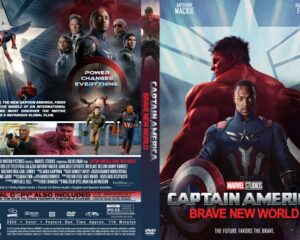 Front cover of Captain America: Brave New World DVD featuring Captain America in the foreground with a blue starry background and Marvel branding.