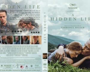 DVD cover for A Hidden Life showing a man in a field with mountains behind, and a couple embracing in foreground; serene, pastoral imagery.
