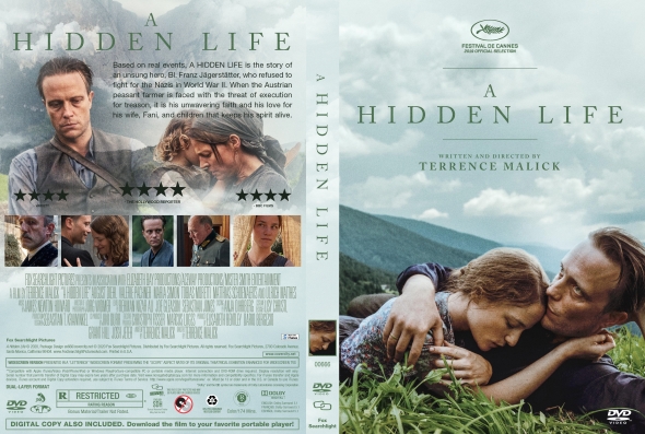 DVD cover for A Hidden Life showing a man in a field with mountains behind, and a couple embracing in foreground; serene, pastoral imagery.