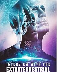 Poster for Interview with the Extraterrestrial, featuring two blue-toned profiles against a space background with the title at the bottom.