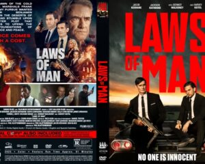 Movie cover for Laws of Man featuring two men in suits with guns, a car, and a fiery backdrop; tagline 'No one is innocent' appears at bottom.