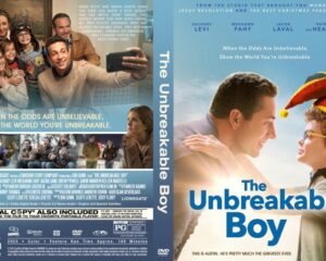 Front cover of The Unbreakable Boy DVD: smiling man and boy wearing a jester hat against a blue sky, with the bold title in blue letters.