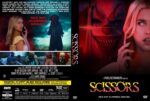 Poster for the horror film Scissors: a menacing masked killer with a red glow beside a frightened blonde woman, plus collage of scenes below.