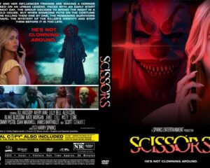Poster for the horror film Scissors: a menacing masked killer with a red glow beside a frightened blonde woman, plus collage of scenes below.