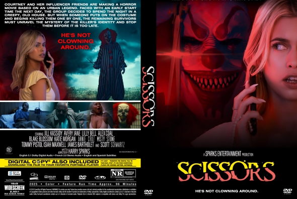 Poster for the horror film Scissors: a menacing masked killer with a red glow beside a frightened blonde woman, plus collage of scenes below.