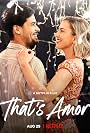 Romantic comedy movie poster with a smiling man and woman about to kiss, title 'That's Amor' in the foreground, glittery background.