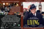 Poster for Living: an elderly man in a dark suit and fedora tipping his hat, with a bold yellow title LIVING and the tagline 'It's never too late to start'.