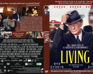 Poster for Living: an elderly man in a dark suit and fedora tipping his hat, with a bold yellow title LIVING and the tagline 'It's never too late to start'.