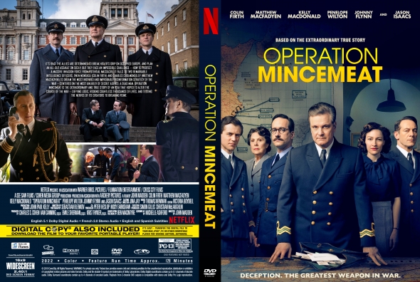 DVD cover for Operation Mincemeat, showing officers in navy uniforms and the Netflix logo, with the title prominently displayed at top left/center.