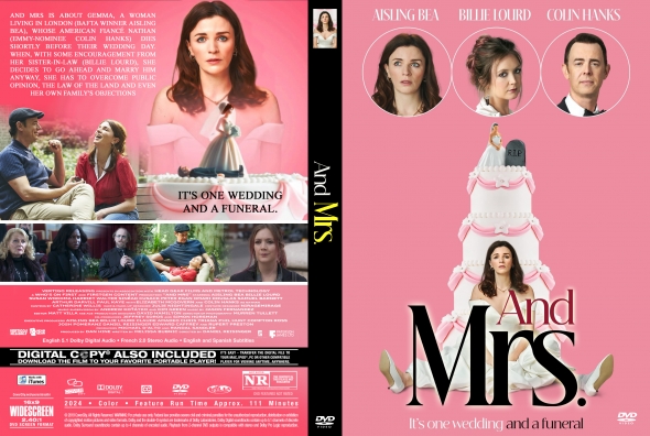 DVD cover for 'And Mrs.', pink background, wedding cake centerpiece, and circular cast headshots at the top with the bold title.