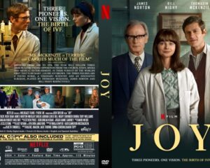 Front cover of the film Joy DVD: right side shows three scientists in white coats standing together, gold title JOY, Netflix logo, and the tagline 'Three pioneers. One vision. The birth of IVF.'
