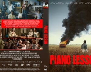 DVD cover for Piano Lesson: front shows a man in a plaid shirt in a field with a burning car and dark smoke, bold red title at bottom right.