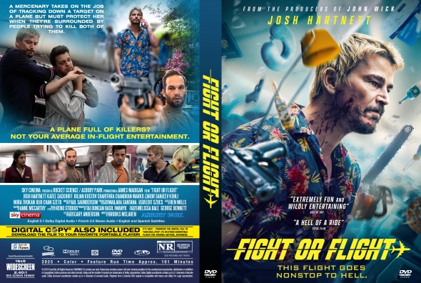 Front cover: a bloodied man in a tropical shirt amid chaotic flying objects and a bold yellow 'Fight or Flight' title.