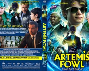 Movie cover for Artemis Fowl: Time to Believe featuring animated and live-action characters with a neon blue, magical cityscape background; tagline 'Where our world ends, his begins.'