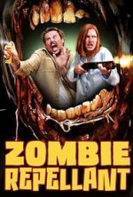 Movie poster for 'Zombie Repellant' showing a terrified man and woman inside a giant zombie mouth with the title at the bottom.