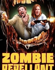 Movie poster for 'Zombie Repellant' showing a terrified man and woman inside a giant zombie mouth with the title at the bottom.