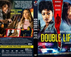 Front cover of the DVD 'Double Life' showing a woman with curly hair center foreground, a woman with a gun on the right, and a bold yellow 'DOUBLE LIFE' title against a blue crime-thriller backdrop; back cover hints at suspense and betrayal.