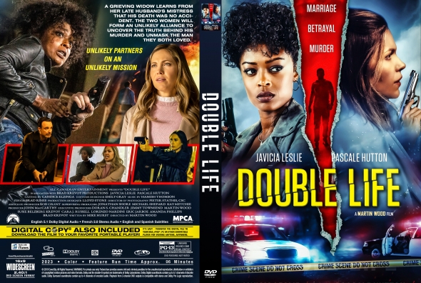 Front cover of the DVD 'Double Life' showing a woman with curly hair center foreground, a woman with a gun on the right, and a bold yellow 'DOUBLE LIFE' title against a blue crime-thriller backdrop; back cover hints at suspense and betrayal.