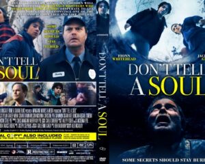 DVD cover for Don't Tell a Soul: a police officer center, two kids on the left, and a dark forest on the right with the yellow title A SOUL.