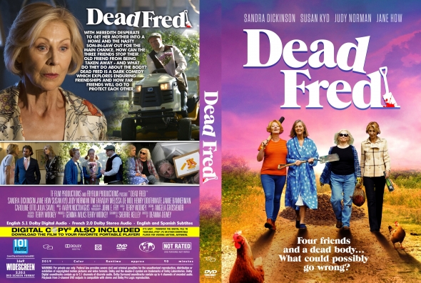 Front and back of a Dead Fred DVD case: front shows four women walking through a field under a pink sky with the bold Dead Fred title; back collage and cast lists.