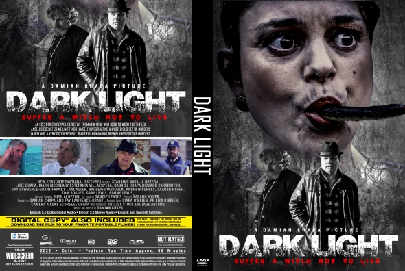 Dark Light DVD cover featuring two men in black coats in a misty, eerie forest setting; bold title and tagline across the top, with a film strip of smaller scenes at the bottom left.