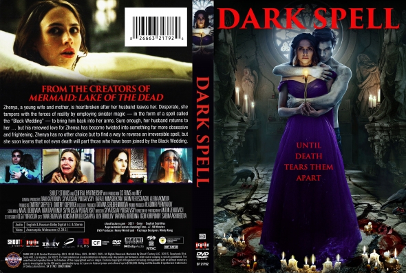 Front and back cover of the 'Dark Spell' DVD: front shows a woman in a purple gown held by a shadowy man, candles in a circle, and the red title 'DARK SPELL' with the tagline 'Until death tears them apart'; back features a collage of scenes and a synopsis block with cast and credits.