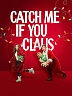 Promotional banner with two people in red outfits, a white dog between them, gold confetti, and bold white text 'CATCH ME IF YOU CLA...' on a red background.