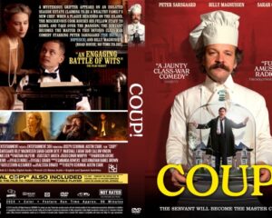 Front cover of the DVD for the comedy 'Coup!' showing a chef in a white uniform and a man in a suit in the foreground with the bold yellow title. One side features a collage of scenes suggesting humor and intrigue behind the main image.