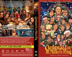Front cover of the Christmas film 'Christmas Eve in Miller's Point': left panel shows a family dinner; right panel a festive illustrated collage of characters around a Christmas scene.