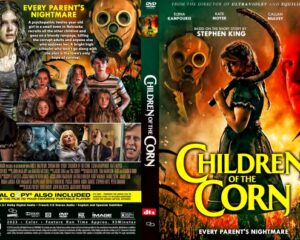 Front cover of Children of the Corn DVD: a girl with a weapon amid a fiery background and the film title, Every Parent's Nightmare.