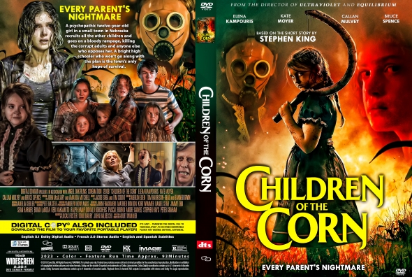 Front cover of Children of the Corn DVD: a girl with a weapon amid a fiery background and the film title, Every Parent's Nightmare.