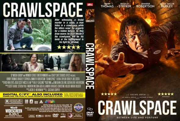 Crawlspace DVD cover: a man reaches toward the viewer amid flames, with the bold title Crawlspace and cast names above.