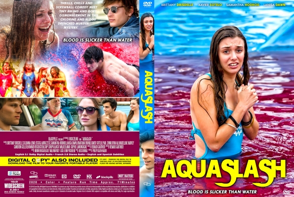 Aquaslash DVD cover: distressed woman in pool on the right; bold yellow 'AQUASLASH' title; left half features a collage of splashy water scenes and characters with the tagline 'Blood is slicker than water' at top.