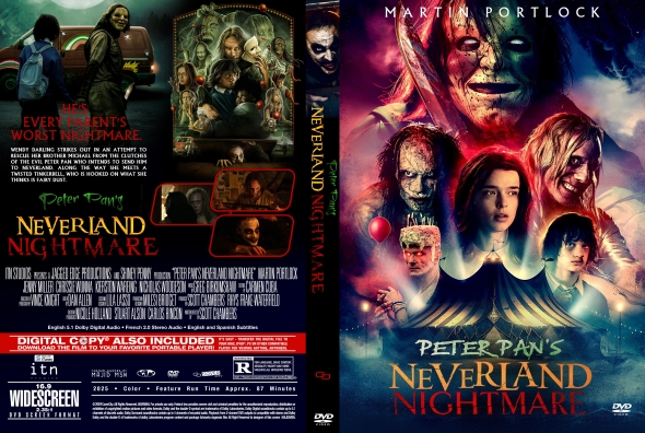 Front and back DVD covers for 'Peter Pan's Neverland Nightmare': eerie horror collage with the title on the front and cast/plot images on the back.