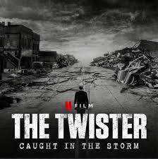 Black-and-white poster for the film 'The Twister — Caught in the Storm' showing a ruined city street and a lone figure walking toward the horizon.