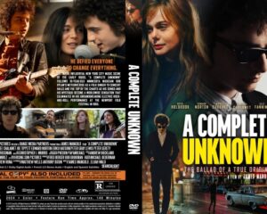 Front cover of the DVD 'A Complete Unknown' showing a collage of characters, bold white and yellow title, and a city street scene in the background.