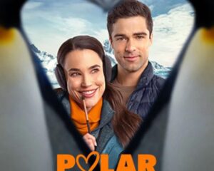 Couple posing for a movie poster, framed by penguin flippers forming a heart with the title 'Polar Opposites' beneath.
