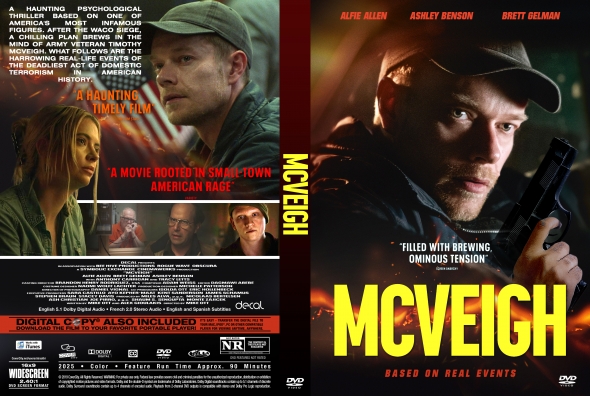 Front cover: man with a cap holding a pistol, bold yellow 'MCVEIGH' title across the bottom, actor names at the top.